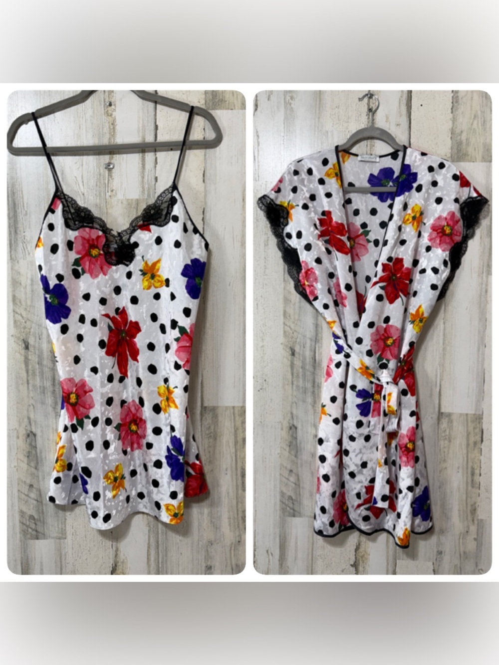 Floral Polka Dot Satin Chemise & Robe Set - White with Multicolor Flowers